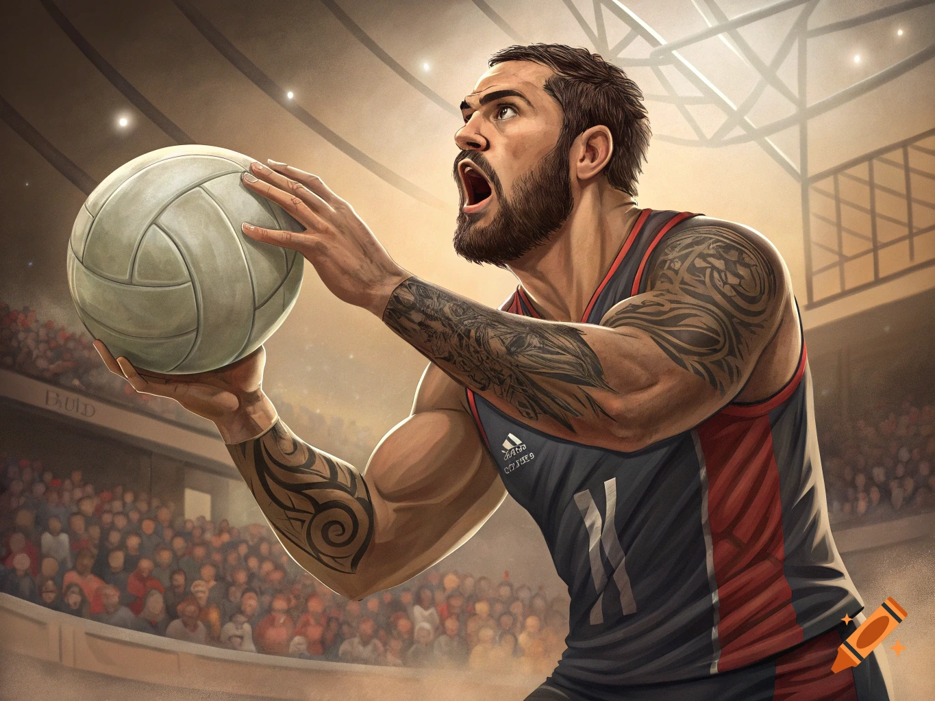 An athlete with tattoos playing volleyball in a brightly lit stadium.