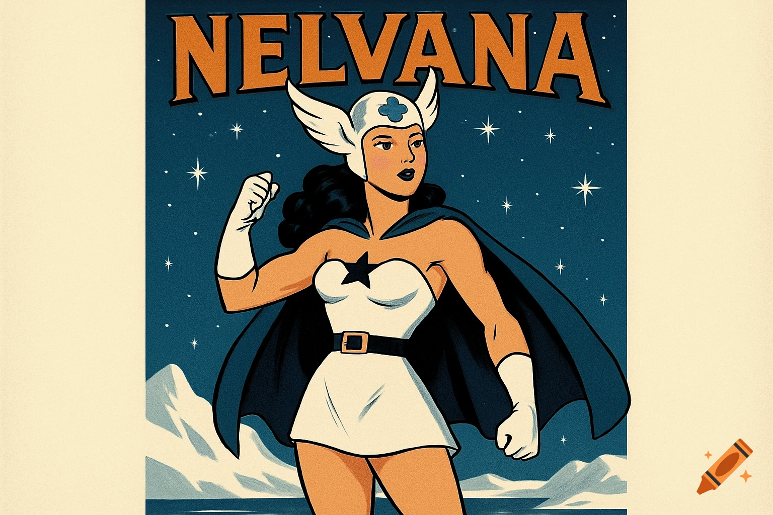 A vintage-style superhero poster featuring Nelvana, a female with a winged helmet and cape, set against a starry night sky.