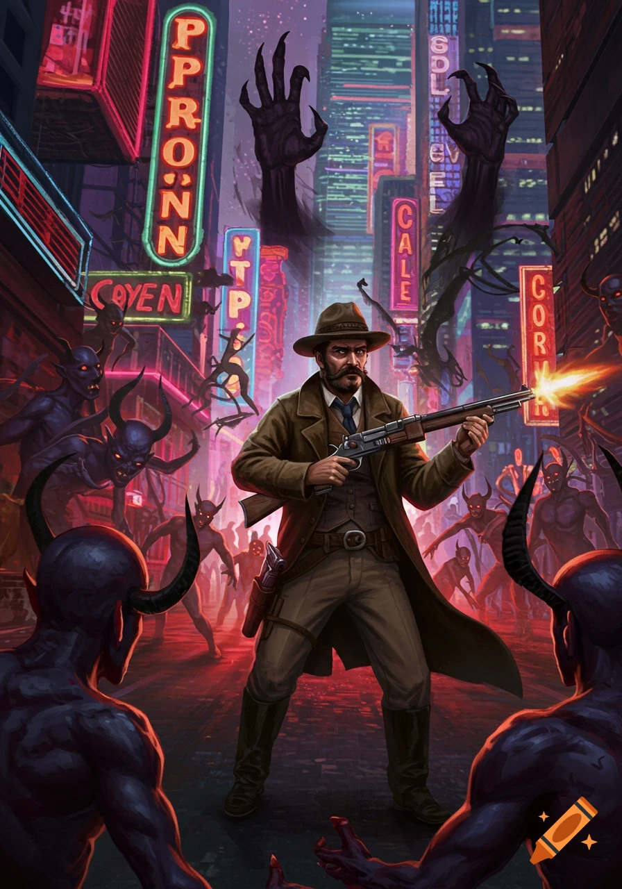 A man with a rifle fights demons on a neon-lit city street at night, with towering skyscrapers and shadowy hands in the background.