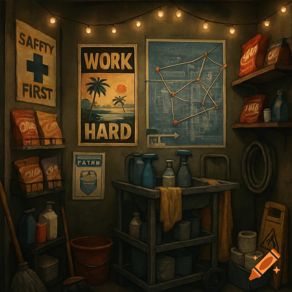 A cluttered janitor's closet with various supplies, shelves of snacks, posters, a blueprint, and string lights overhead.