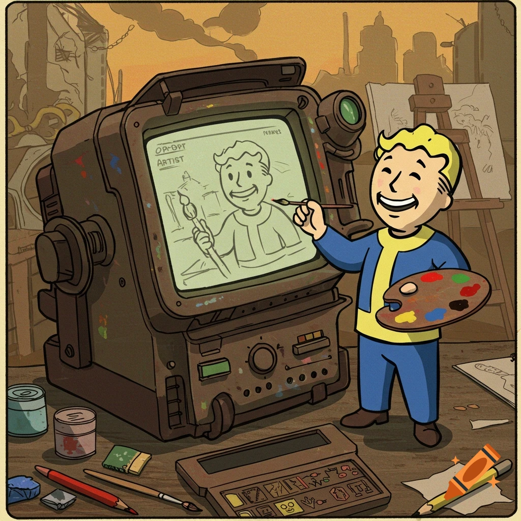 Vault Boy from Fallout drawing a self-portrait on a retro computer screen with a paint palette, in a cartoon style.