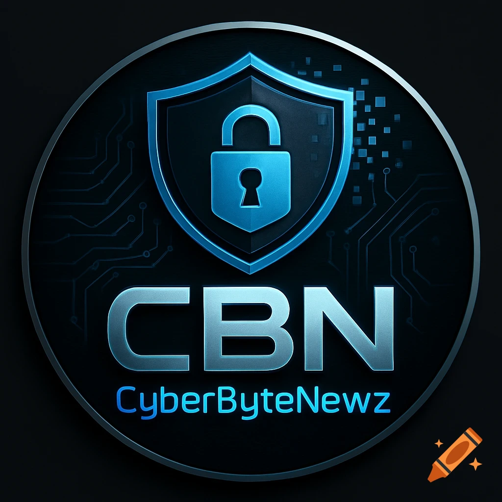A dark circular logo featuring a blue shield with a lock icon, circuit patterns, and the text "CBN CyberByteNewz" in metallic silver and blue.
