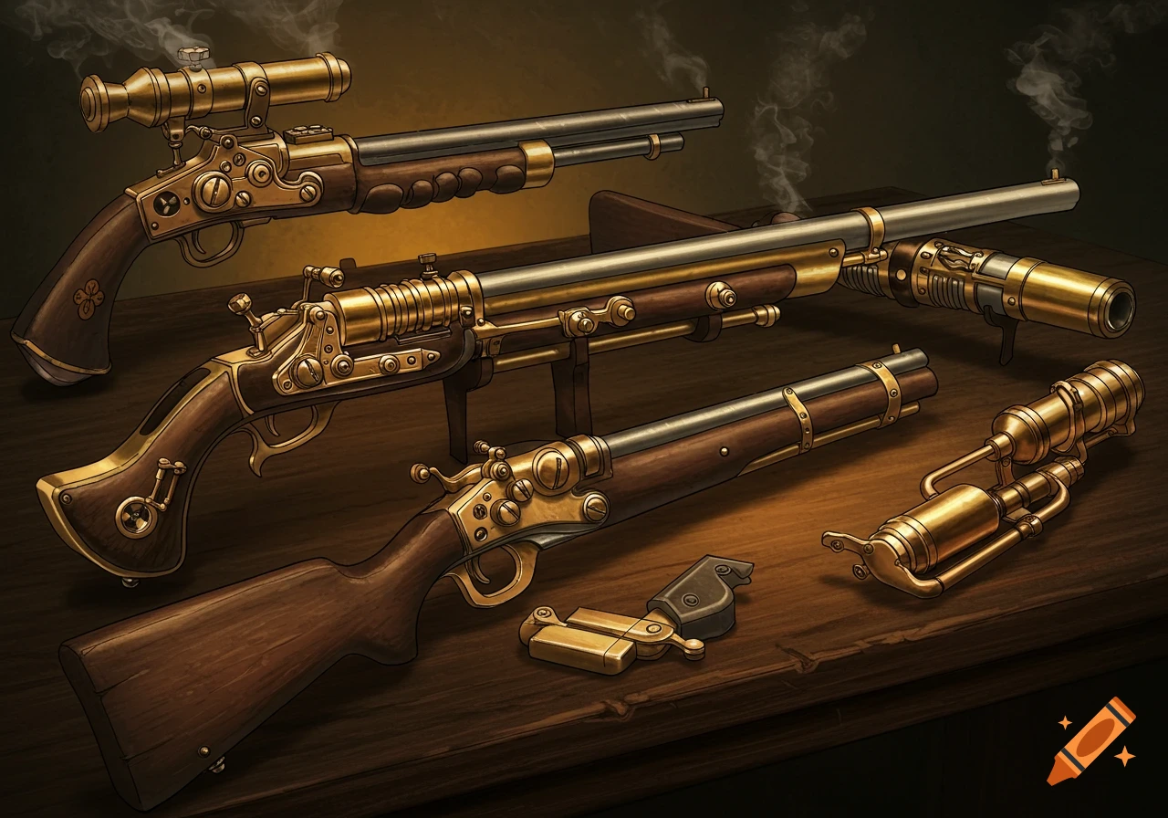 Detailed illustration of several ornate steampunk rifles and devices with brass and wood finishes, resting on a dark wooden table.