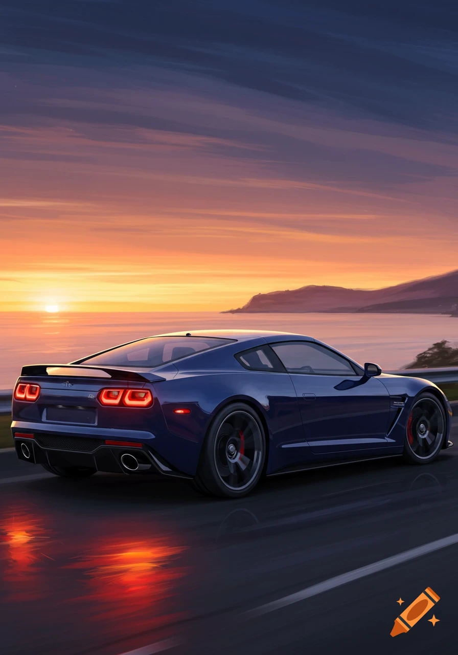 A blue sports car on a coastal road at sunset, with a vibrant orange and purple sky over the ocean.