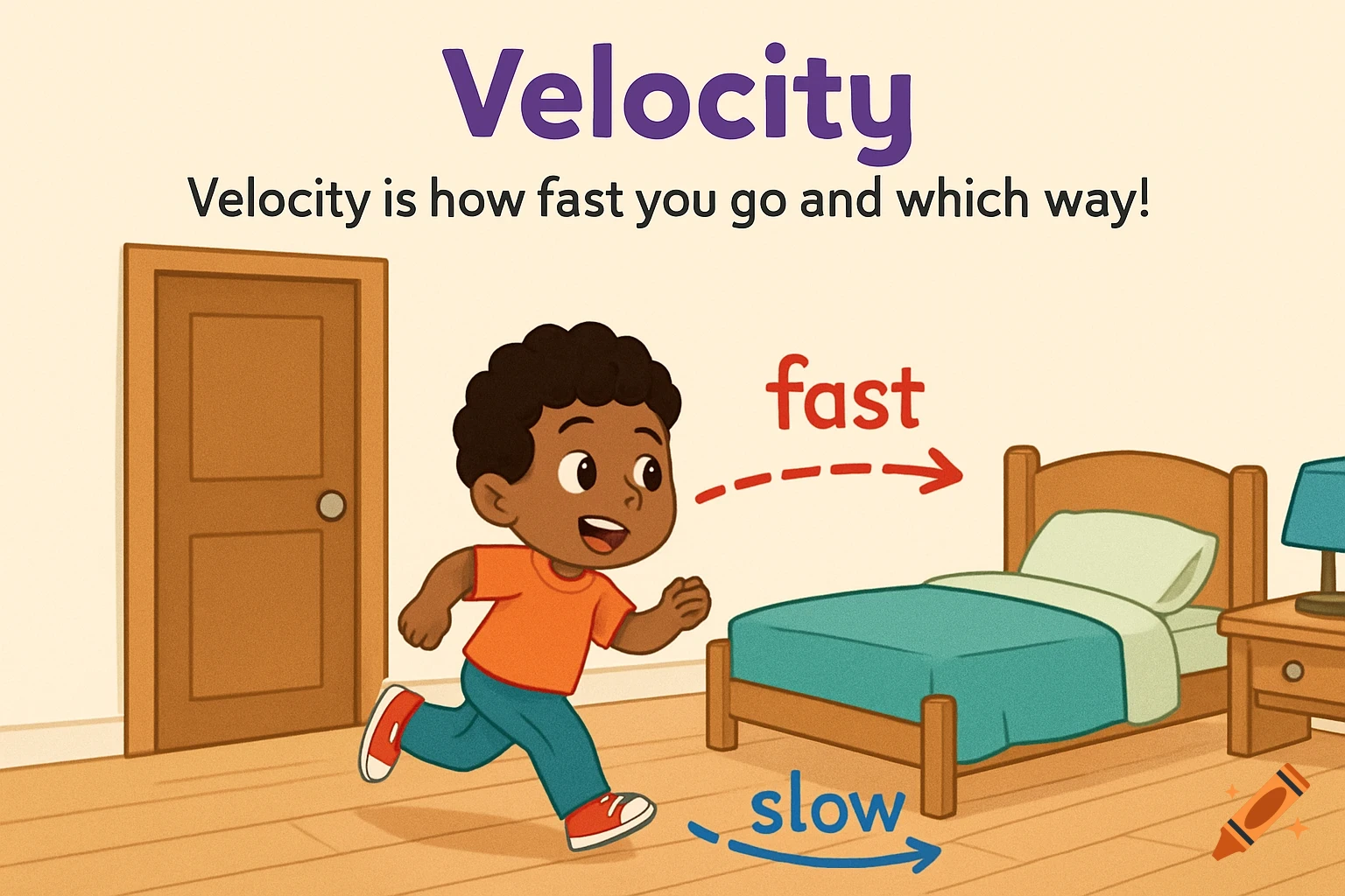 A cartoon illustration for a toddler book showing a boy running, with text about 'Velocity' and arrows for 'fast' and 'slow' motion towards a door and bed.