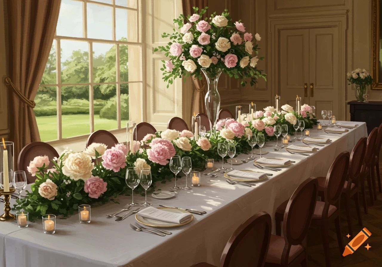 A long dining table set for a wedding with pink and white peony centerpieces, candles, and elegant place settings, bathed in light from large windows overlooking a garden.