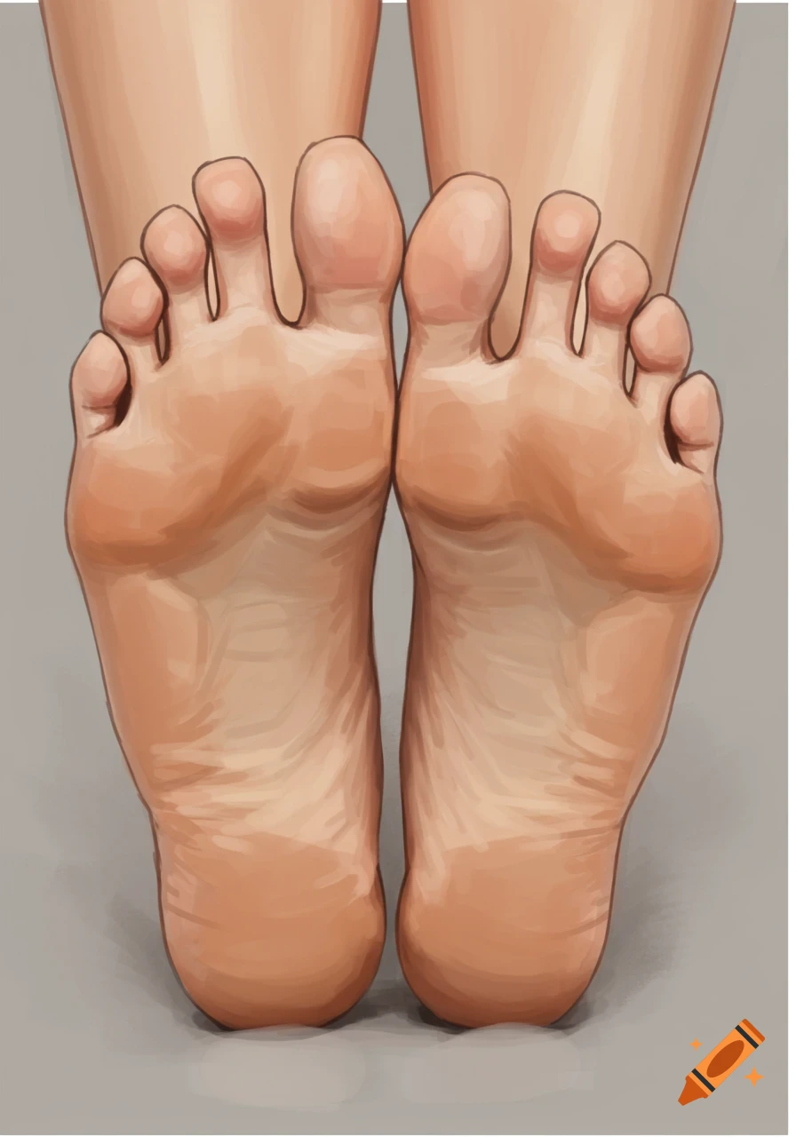 An illustrative close-up of a pair of bare feet, viewed from a low angle showing the soles.