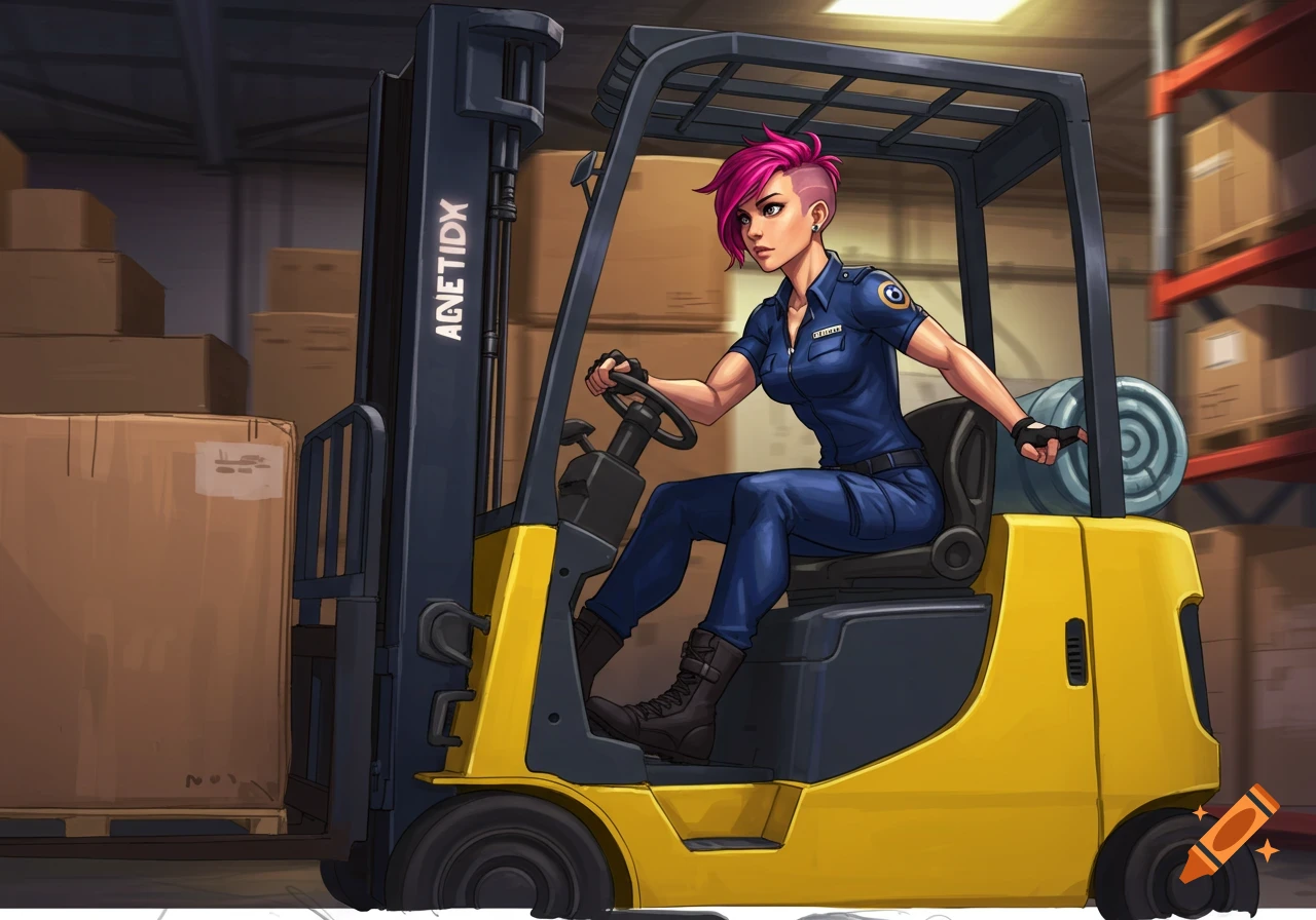 A woman with short pink hair drives a yellow forklift through a warehouse filled with boxes, in a cartoon art style.