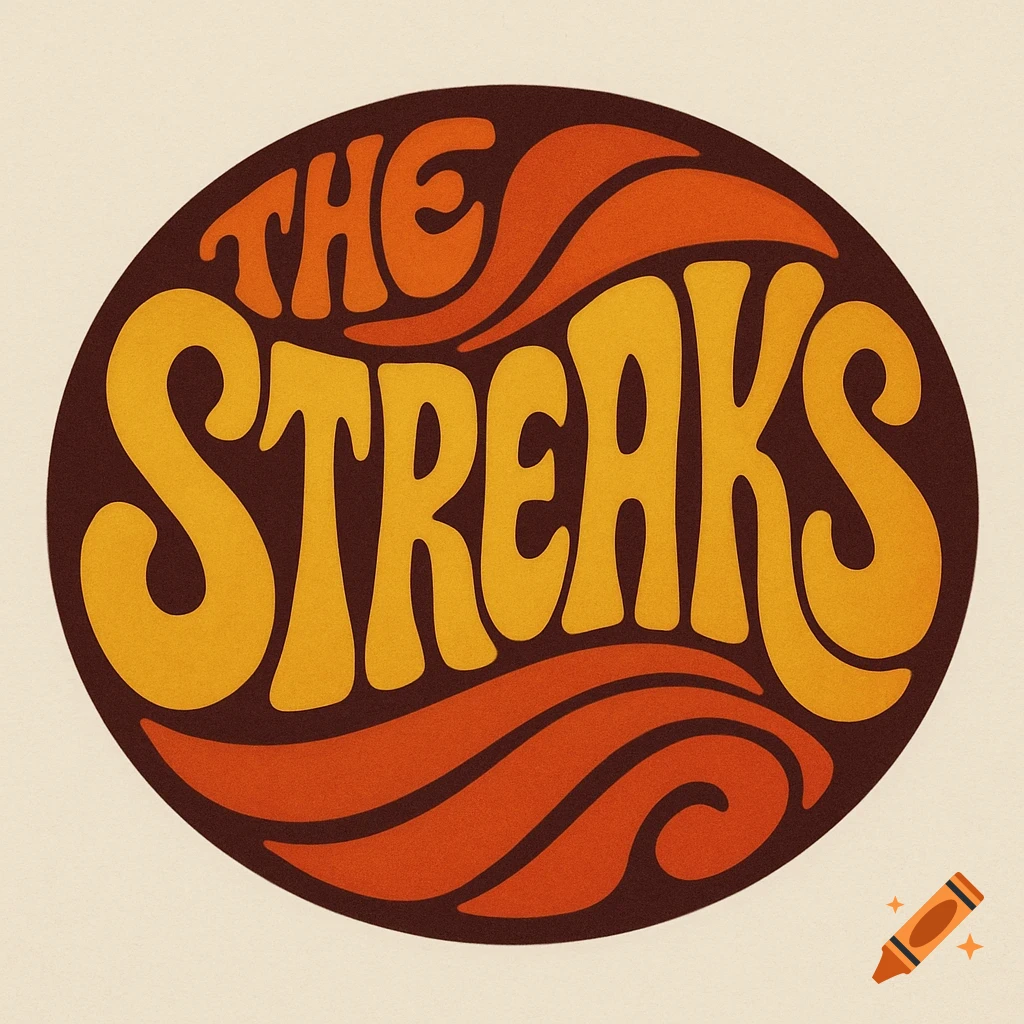 A groovy retro-style band logo for 'The Streaks' with orange and yellow wavy text in a brown oval.