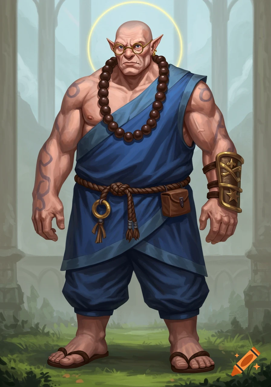 A bald, muscular, elf-eared monk with glasses and prayer beads wears blue robes and sandals, standing in a temple ruin.