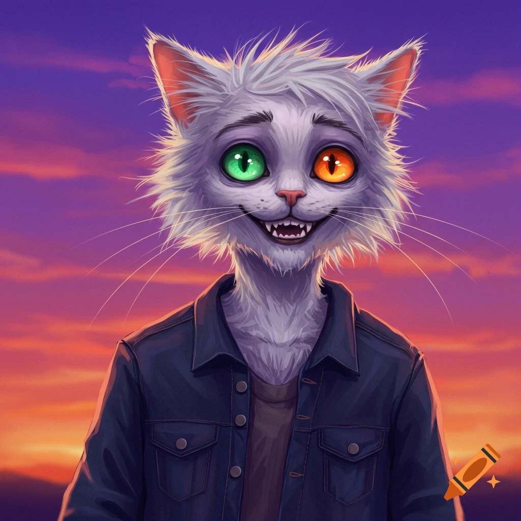 A scruffy white anthropomorphic cat with mismatched green and orange eyes, wearing a denim jacket, against a purple and orange sunset sky.