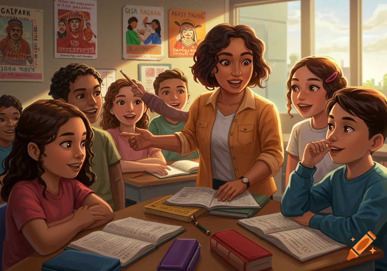 A teacher, surrounded by diverse students, points and smiles in a sunlit classroom filled with books and posters.