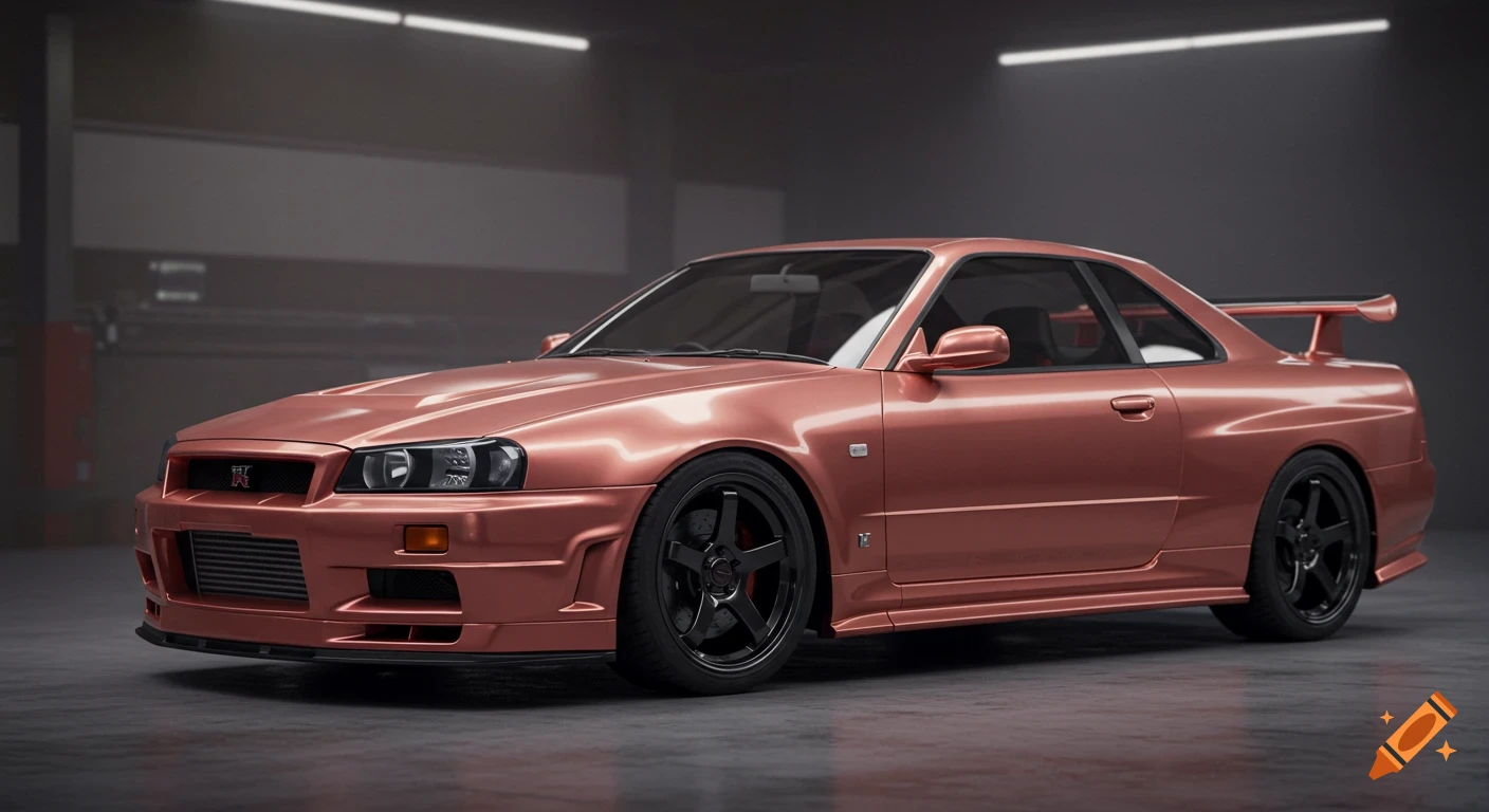 A photorealistic image of a rose gold 1999 Nissan R34 GT-R parked in a grey garage.