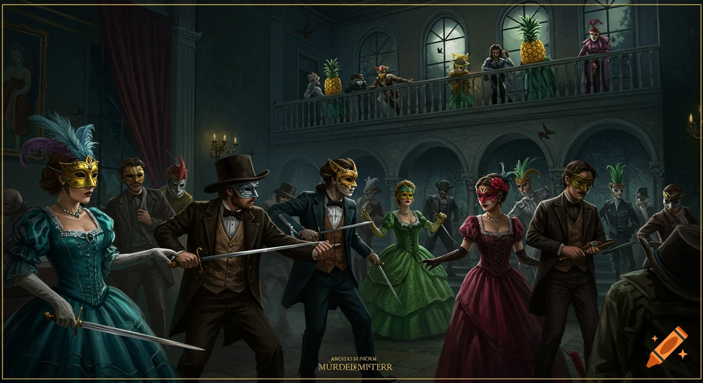 People in elaborate costumes and masks engage in a sword fight at a dark, ornate masquerade ball in a grand mansion.