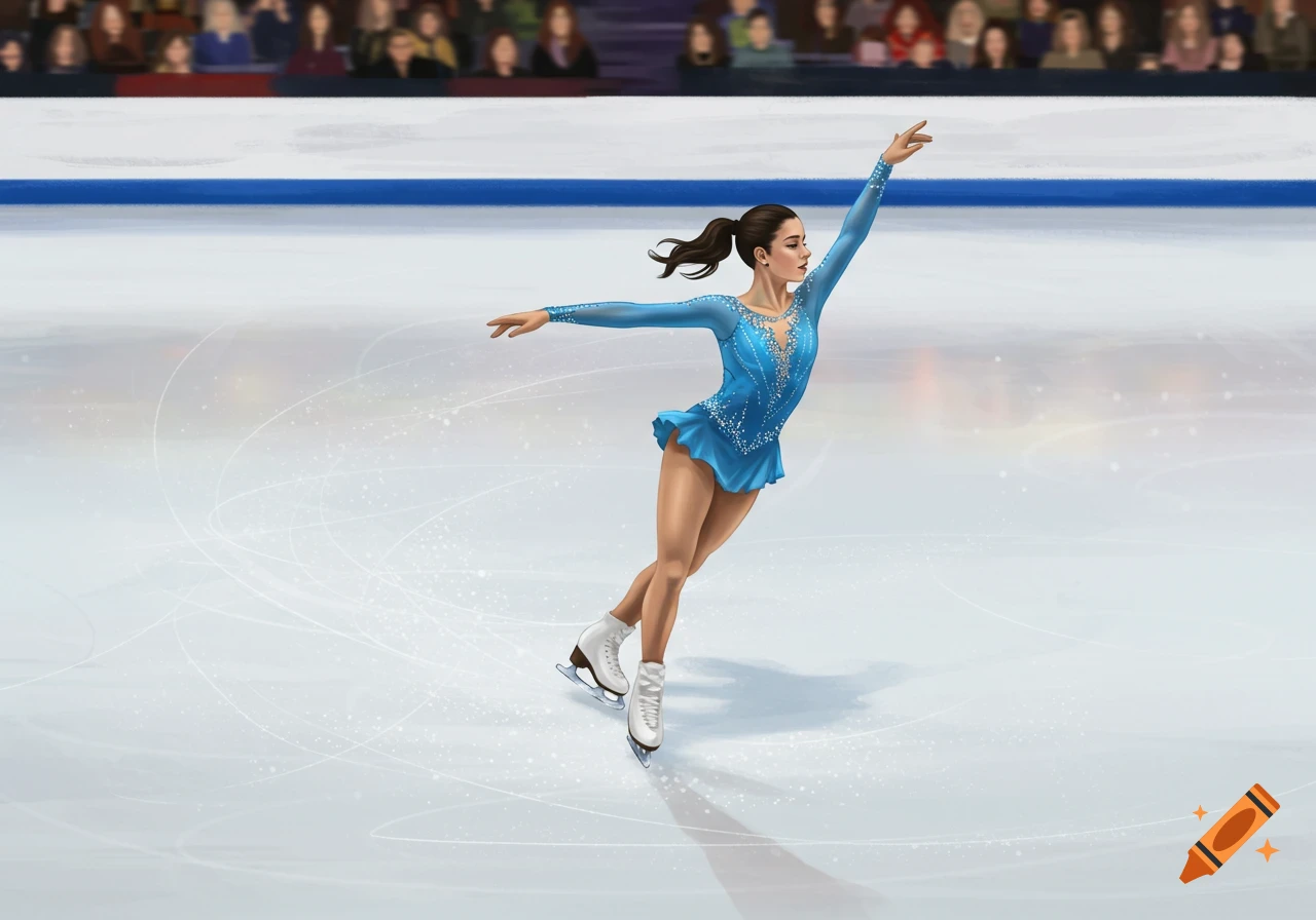 A female ice skater in a blue costume performs on an ice rink, with an audience blurred in the background.