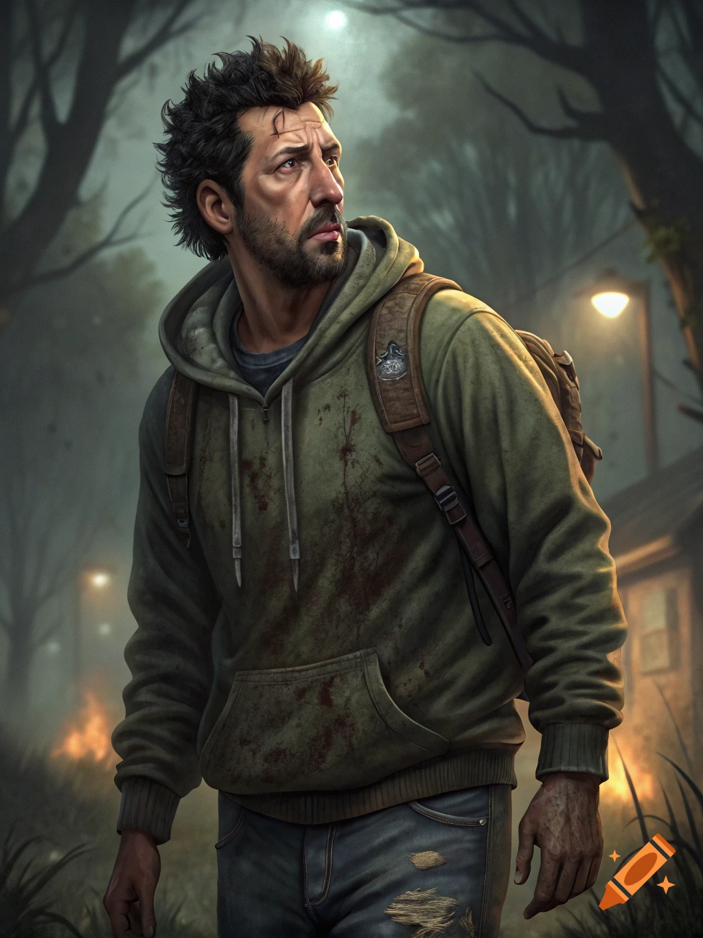 A man with a beard and messy hair, wearing a dirty green hoodie and backpack, looks worried in a dark, foggy forest with a street light and distant fires.