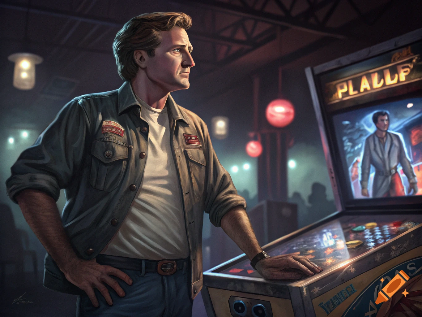 A man resembling Bill Pullman stands next to a pinball machine in a dark, atmospheric arcade, looking to the right.