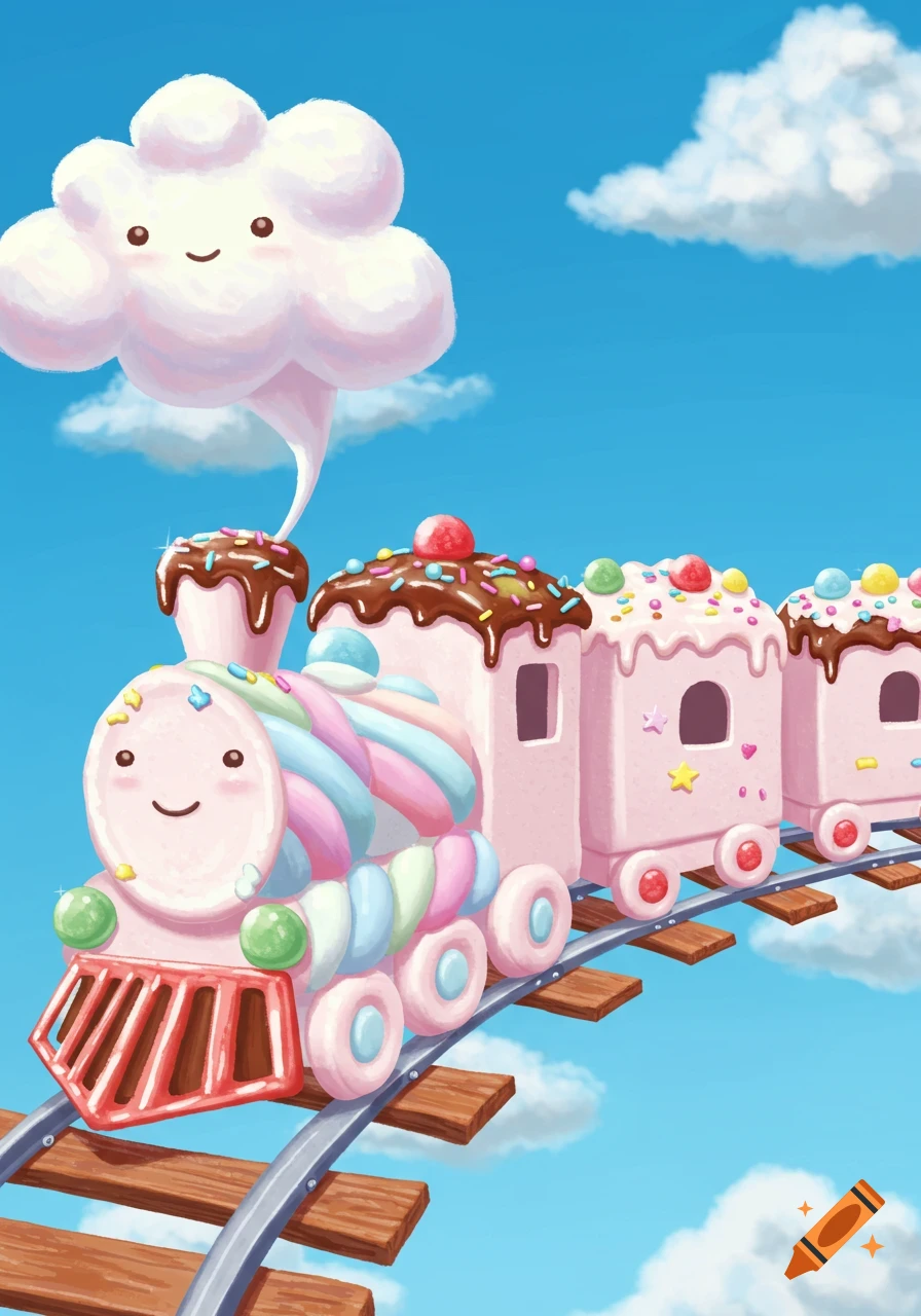 A cute marshmallow train with candy wheels and chocolate frosting on its cars, puffing a smiling cloud, on tracks in a blue sky.