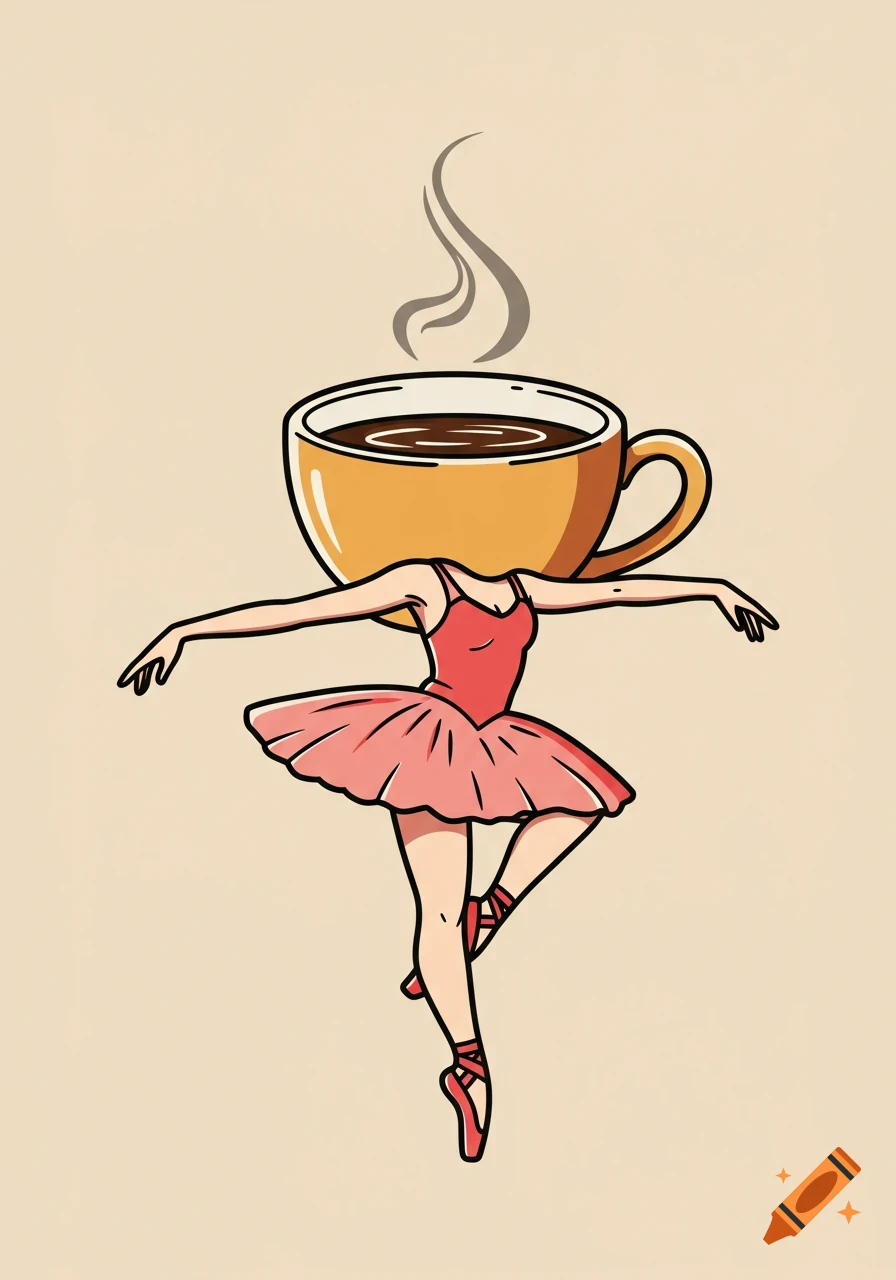 Stylized illustration of a ballerina in a pink tutu with a steaming coffee cup for a head, dancing on pointe.
