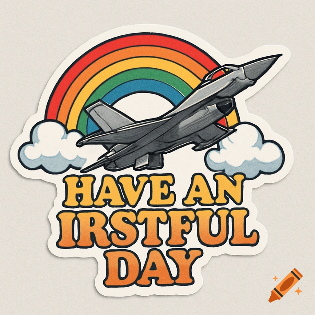 A cartoon sticker with a grey fighter jet flying over clouds and a rainbow, text reads 'HAVE AN IRSTFUL DAY'.