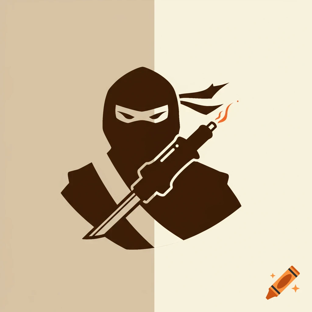 A minimalist icon of a ninja holding a torch, against a two-toned beige background.