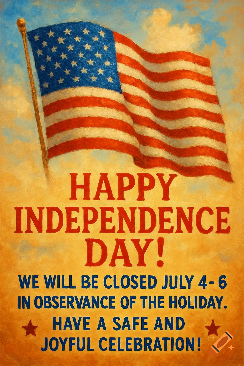 An American flag waves over a textured background with 'Happy Independence Day!' and closure notice text below, in a painterly style.