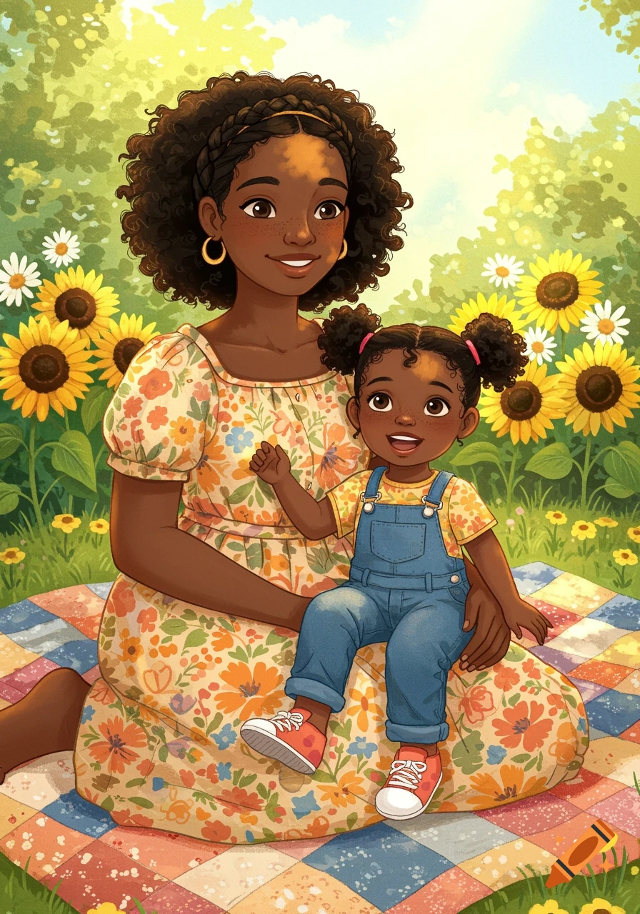 A happy Black mother and child sit on a picnic blanket in a field of sunflowers, in a children's book illustration style.