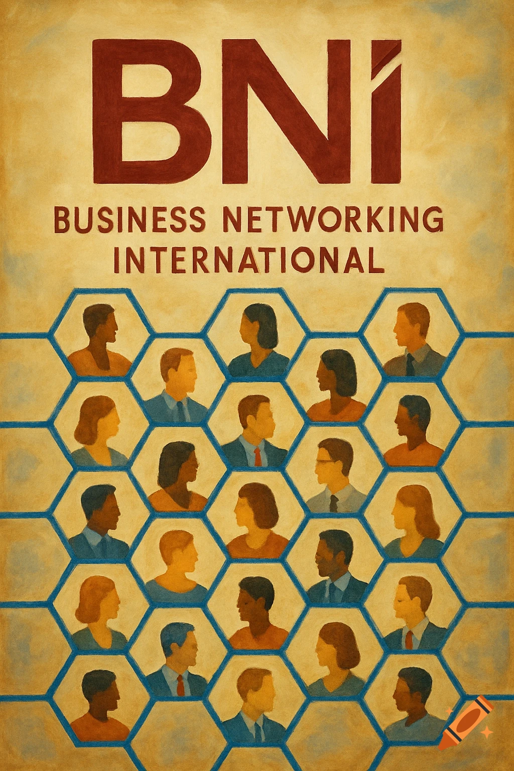 BNI Business Networking International logo above a honeycomb grid of diverse profile silhouettes in a painted style.