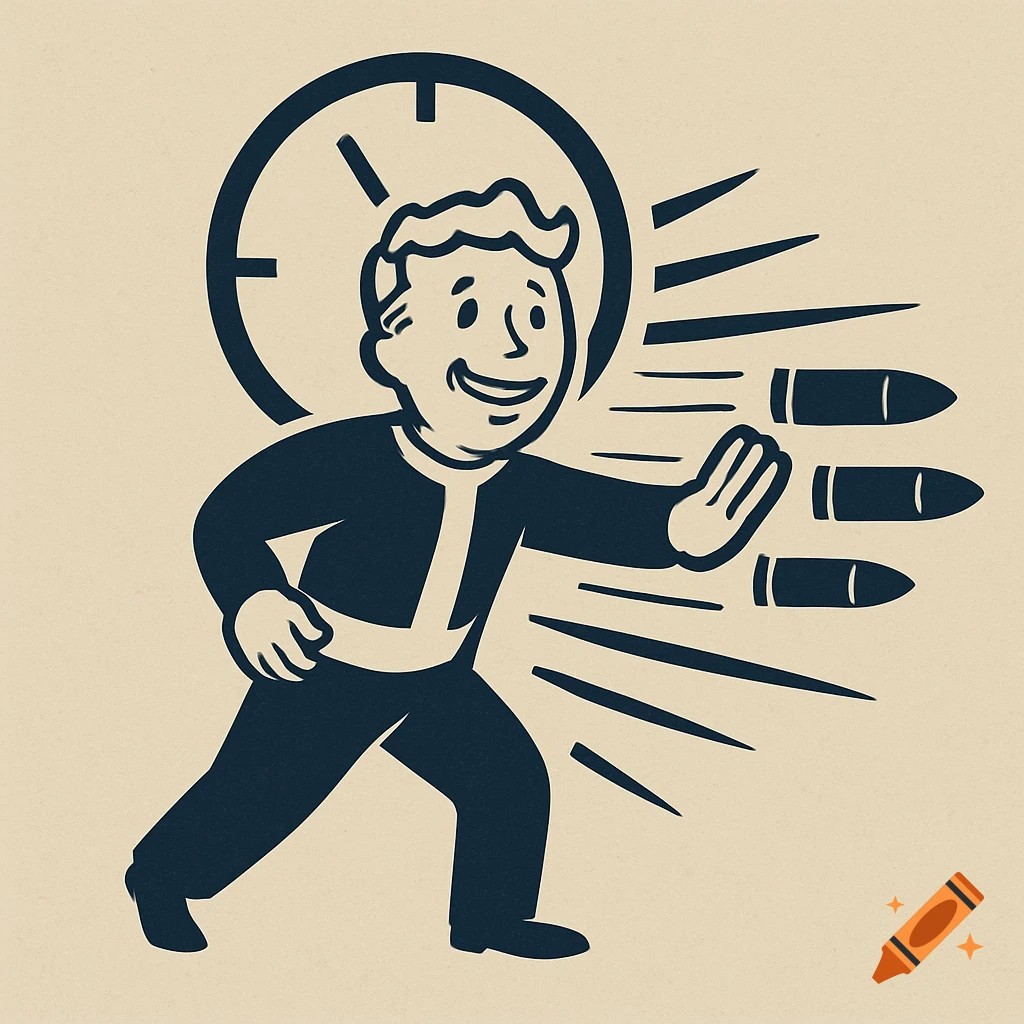 Vault Boy, a retro cartoon character, runs with a clock behind him, deflecting bullets with his hand in an illustration.