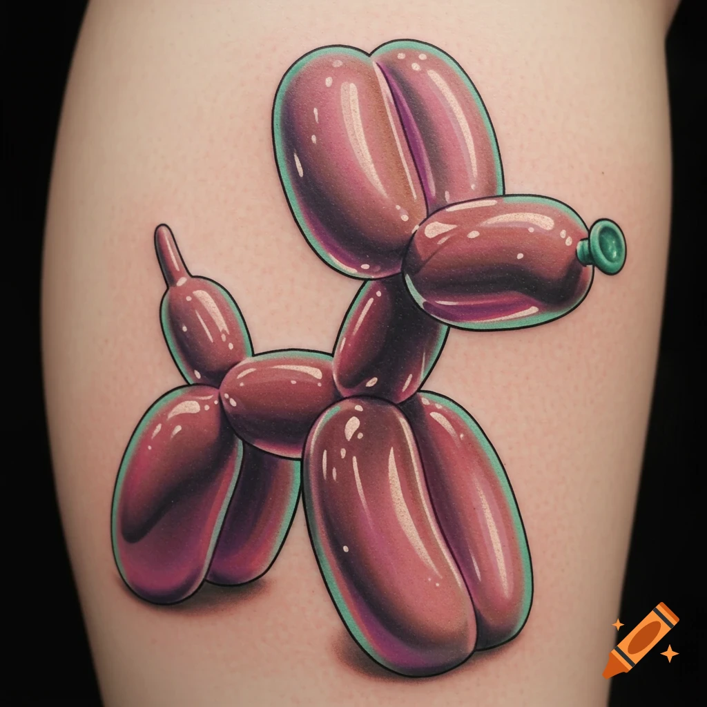 A realistic shiny purple balloon dog tattoo on skin.