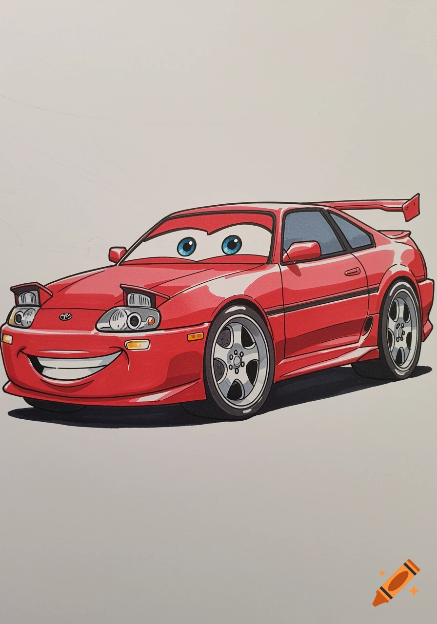 A red cartoon car with large blue eyes and a wide smile, resembling a Toyota Supra in the style of Disney's Cars.