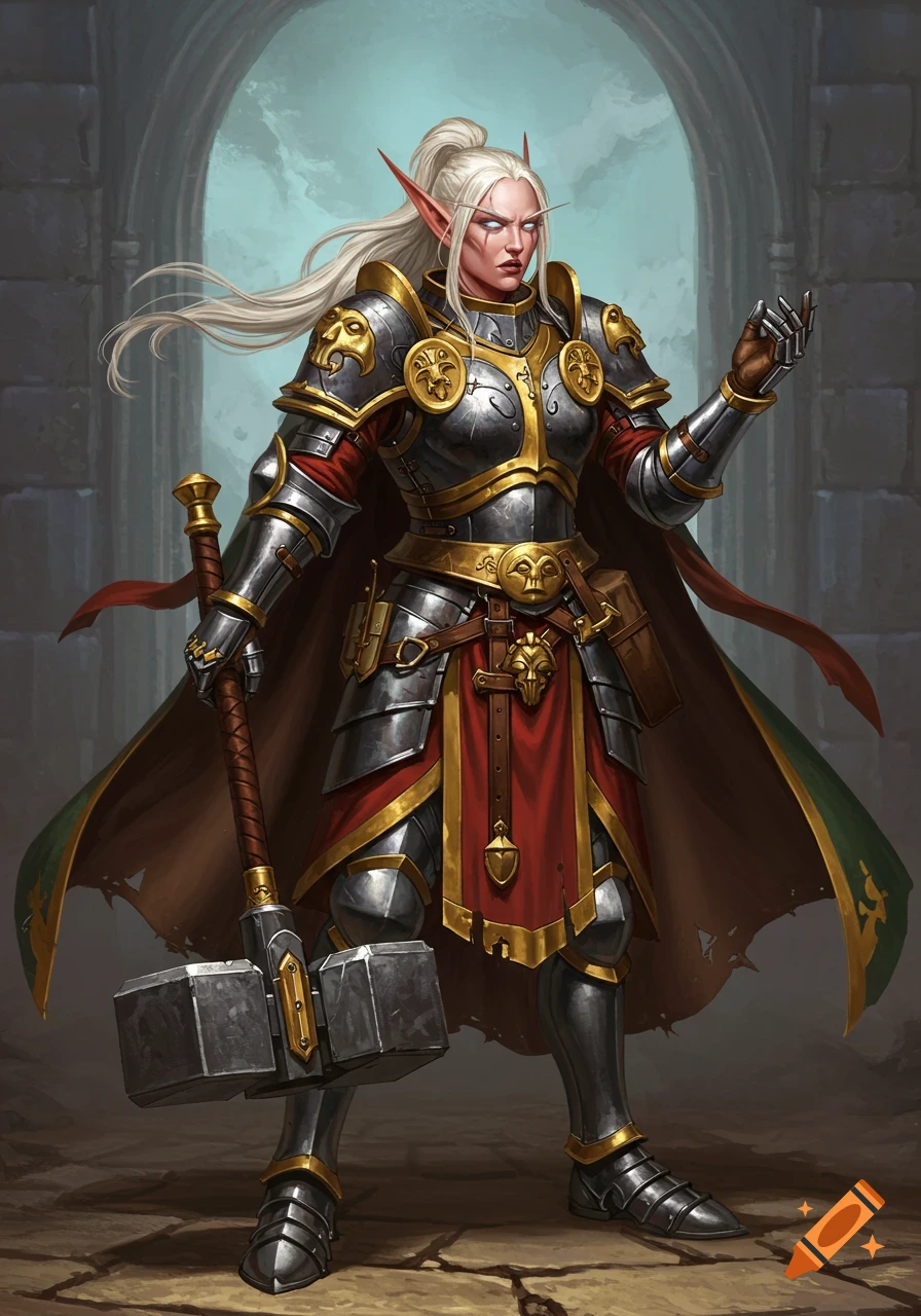 A detailed digital painting of a female high elf paladin in intricate ...