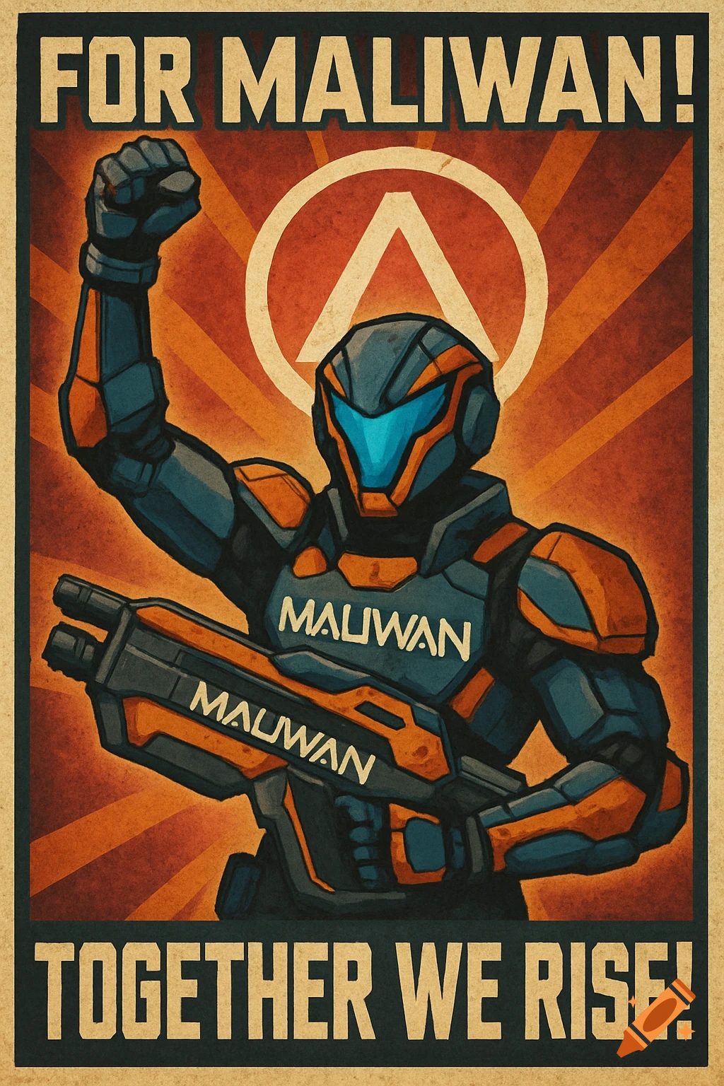 A vintage-style propaganda poster shows a futuristic soldier in orange and blue armor with a raised fist, holding a gun. Text reads FOR MALIWAN! and TOGETHER WE RISE!.
