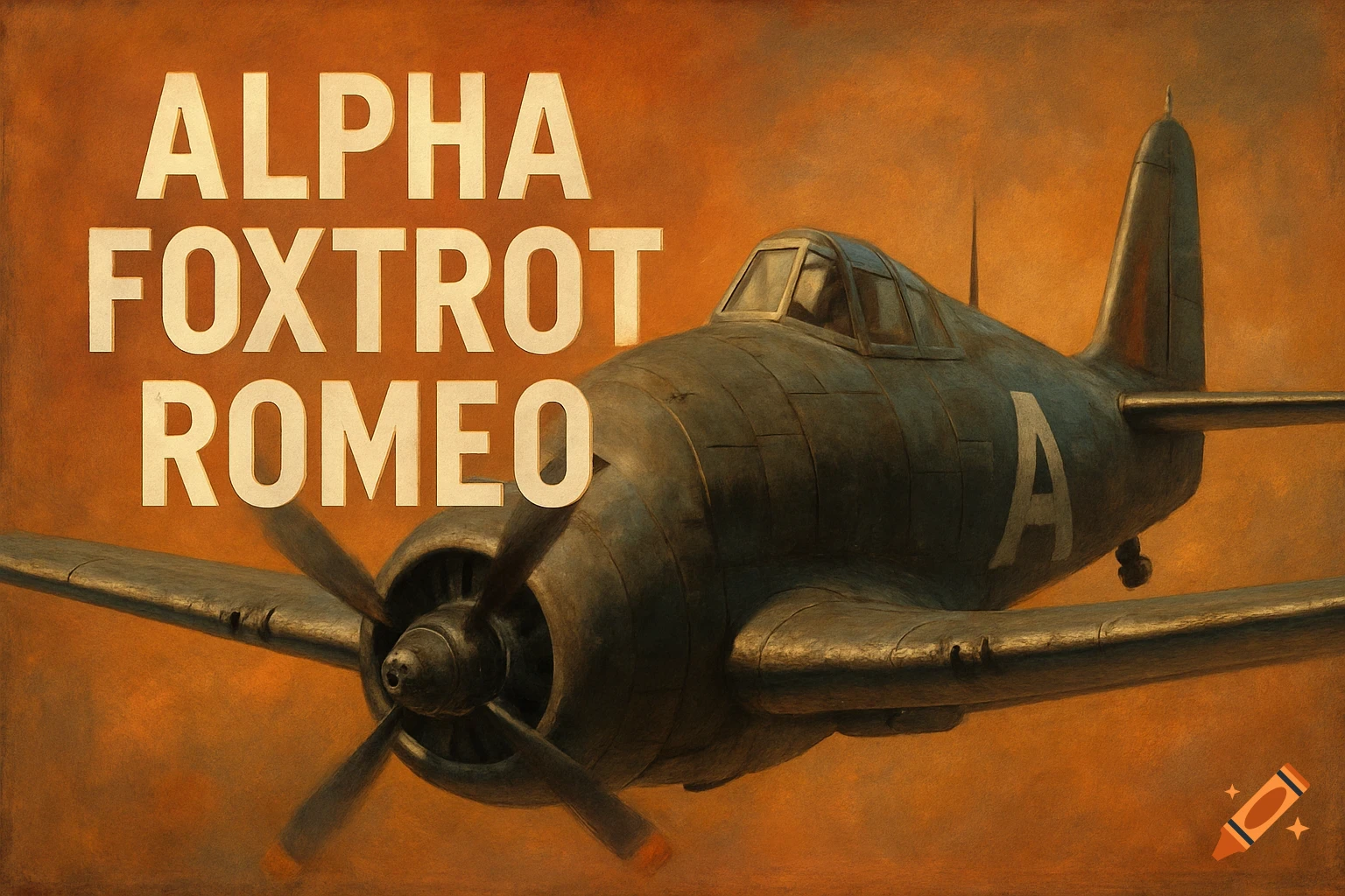 Vintage-style painting of a dark gray propeller airplane against an orange sky, with 'ALPHA FOXTROT ROMEO' text.