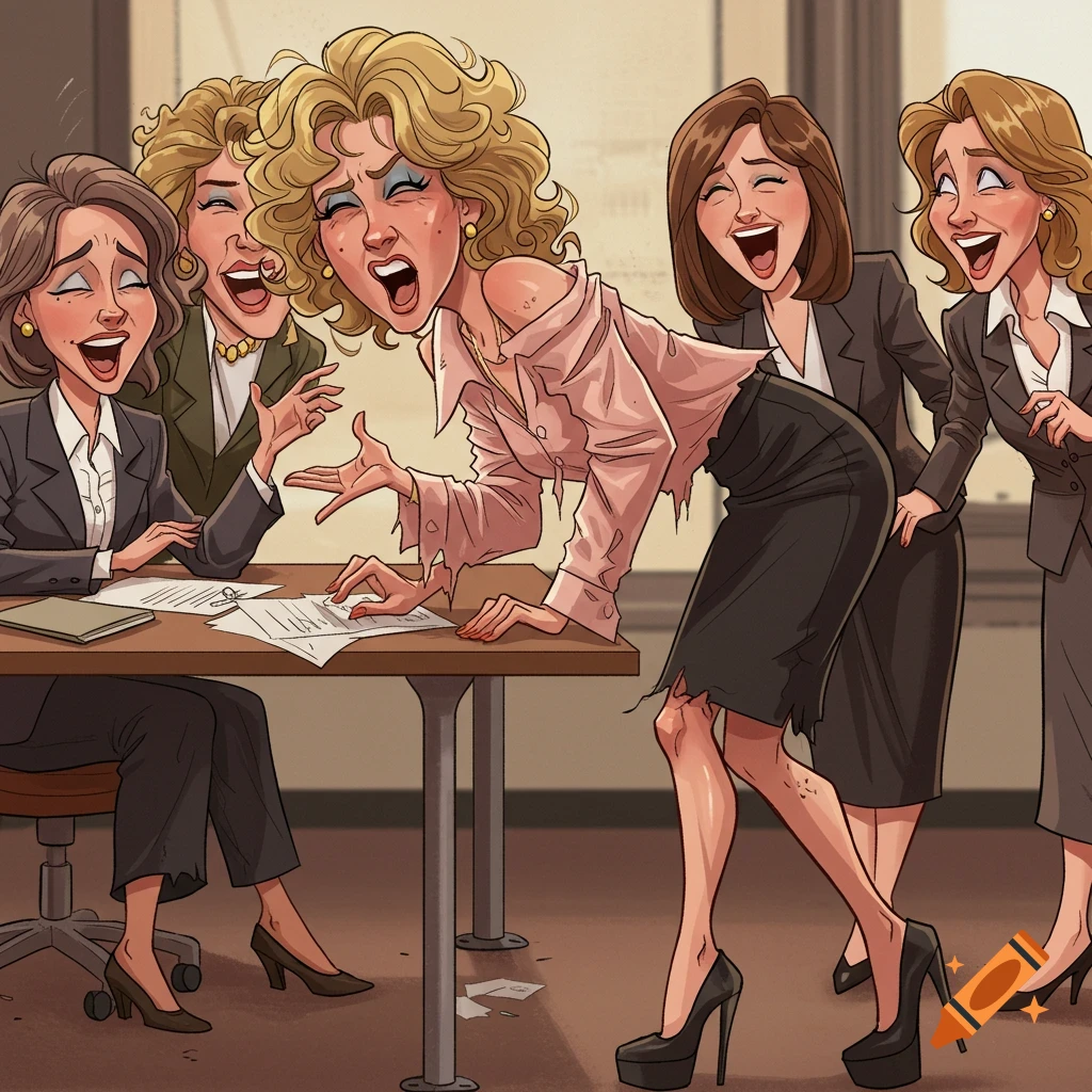 Five cartoon businesswomen laugh loudly in an office. One in a pink ripped blouse and black skirt leans on a table, her colleagues amused.