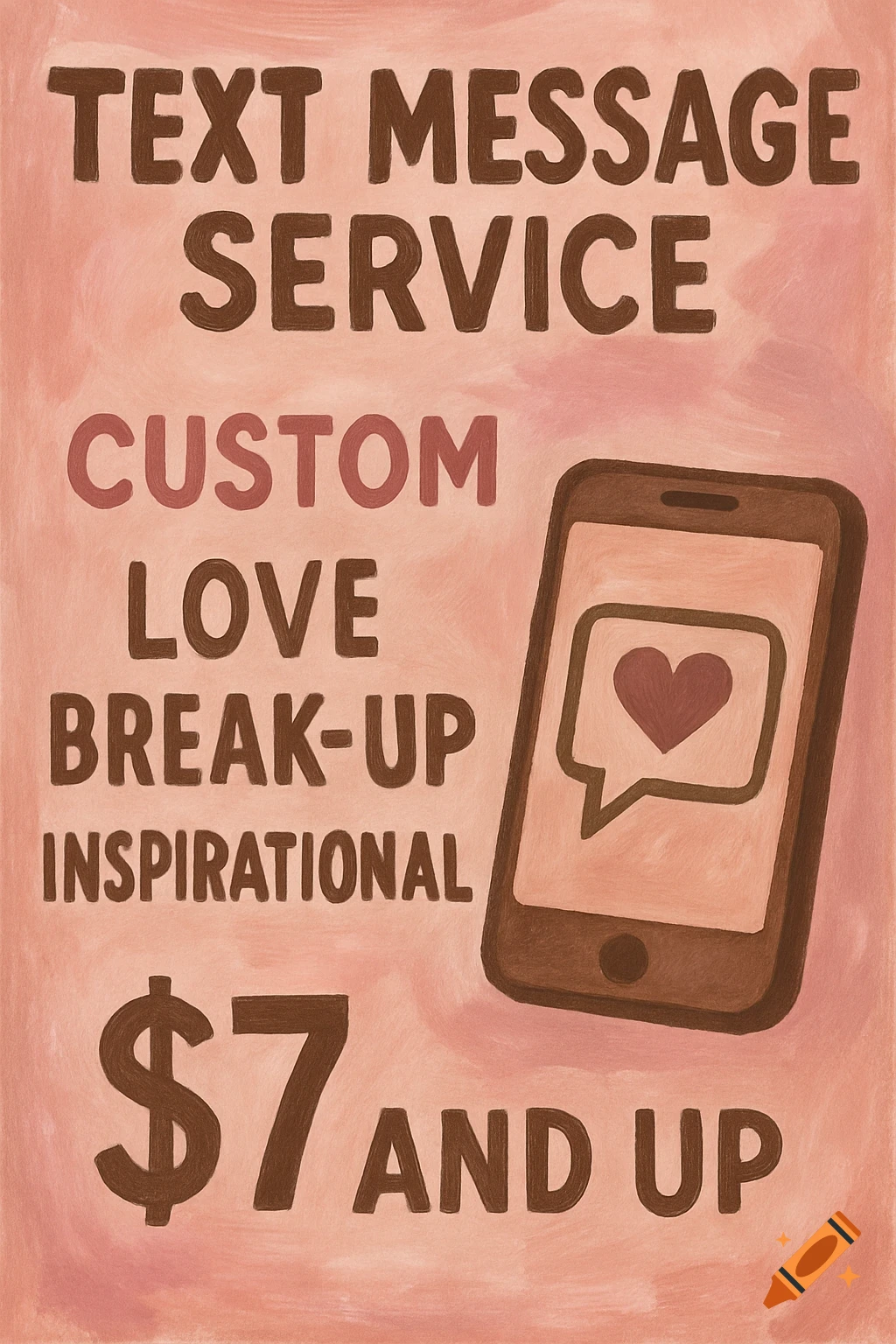 An artsy pink and brown poster advertising a text message service, featuring a smartphone and service details.
