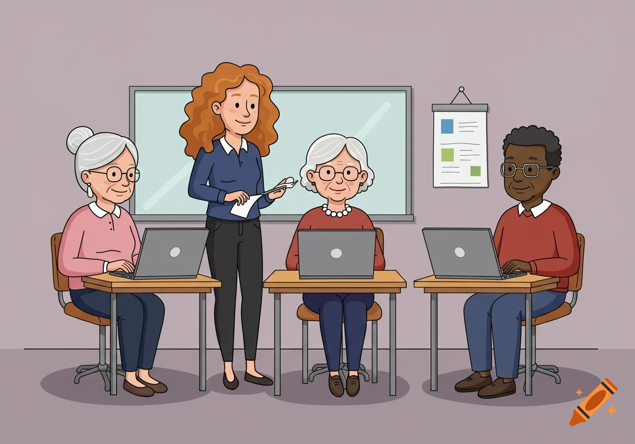 A cartoon IT class with three happy elderly students sitting at laptops and a young woman teacher standing.
