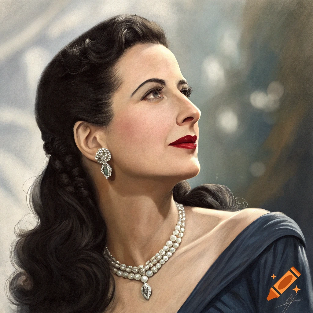 A painterly portrait of a woman with dark hair and red lipstick, wearing pearls and a blue dress, looking upwards.