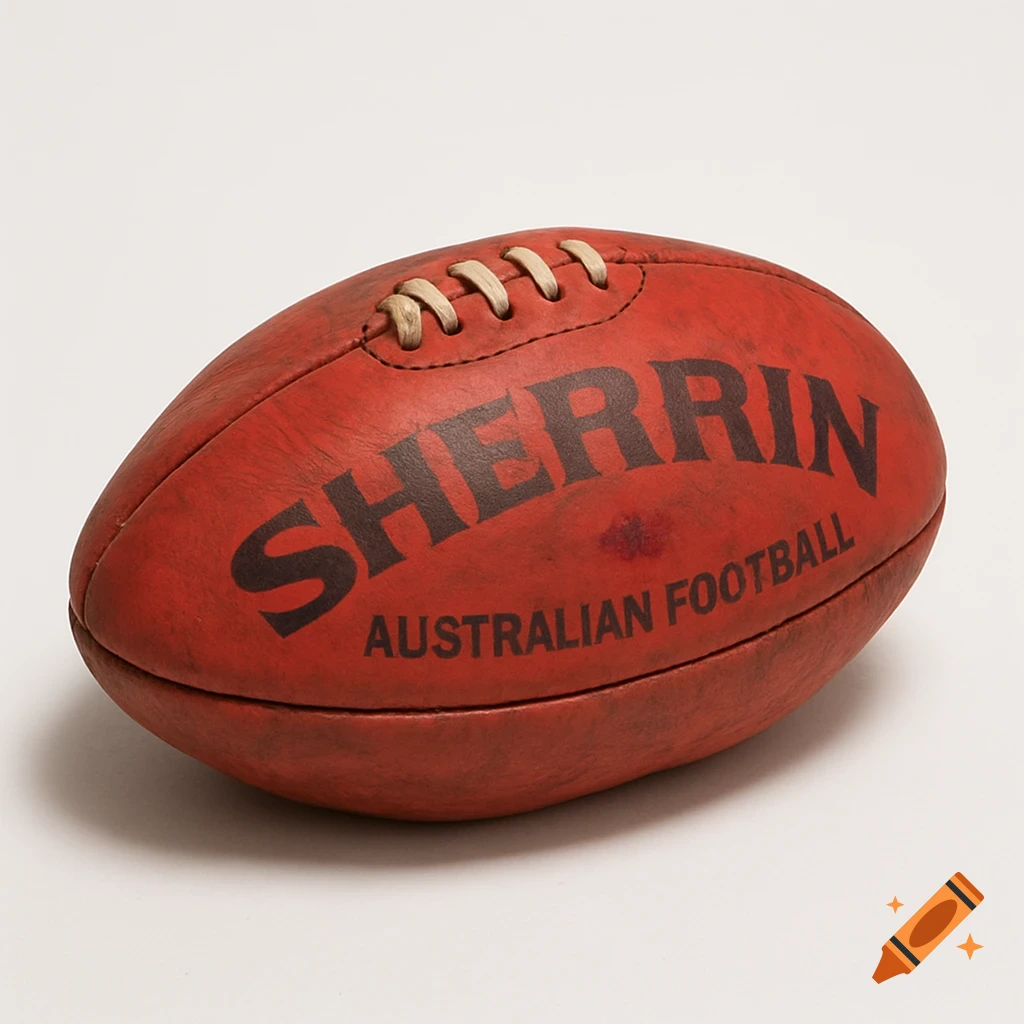 A close-up, photorealistic image of a used red Australian Rules football with "SHERRIN AUSTRALIAN FOOTBALL" text, against a white background.
