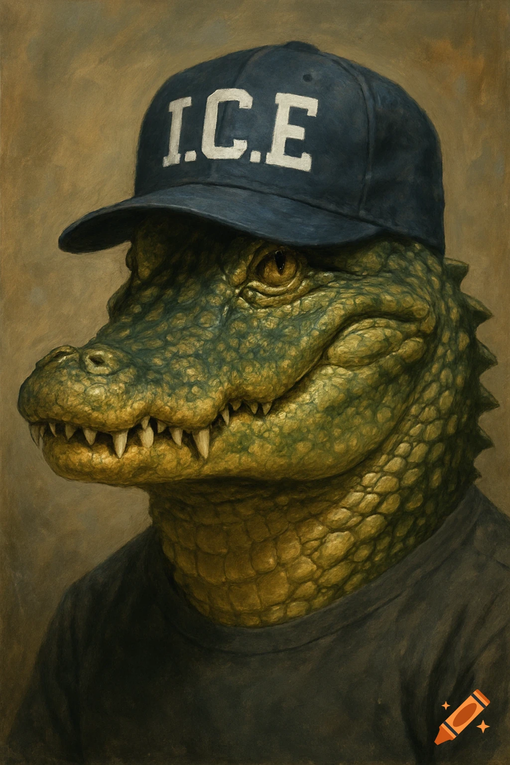 A detailed oil painting portrait of an alligator wearing a dark blue baseball cap with 'I.C.E' and a dark t-shirt.