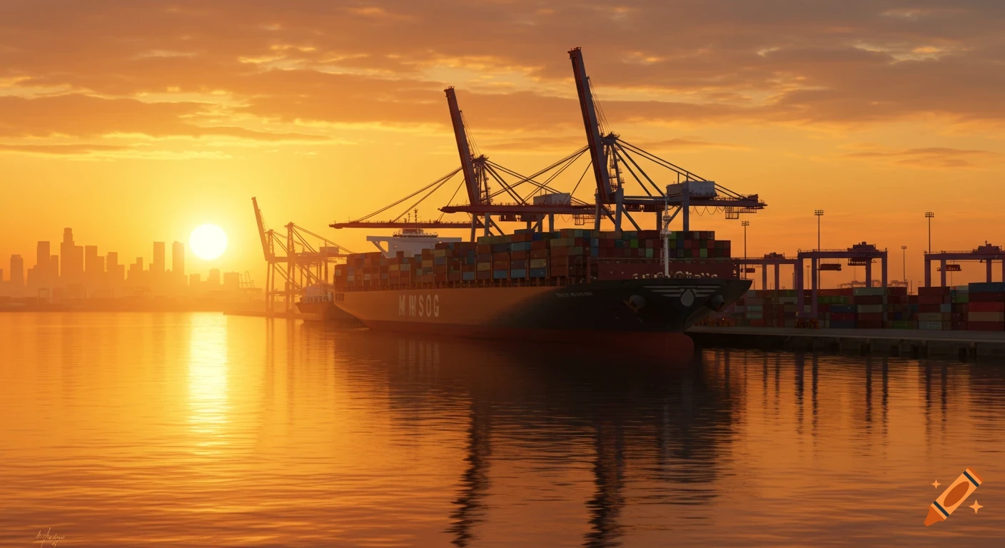 A large container ship docked at a busy port with cranes and containers during a vibrant orange sunset over a city skyline.