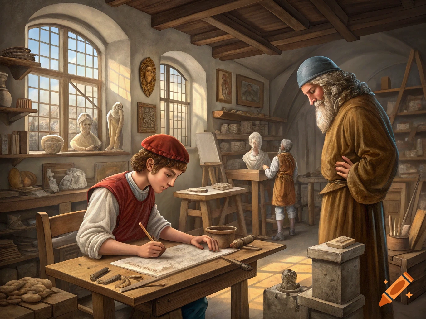 A young artist, Leonardo da Vinci, draws at a workbench in a bustling Renaissance workshop while his master, Verrocchio, watches.