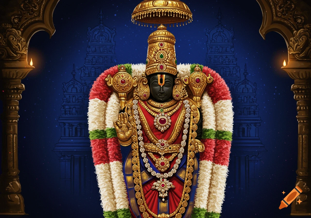 Ornate black idol of a Hindu deity, possibly Lord Venkateswara, adorned with gold jewelry and a large floral garland against a blue background.
