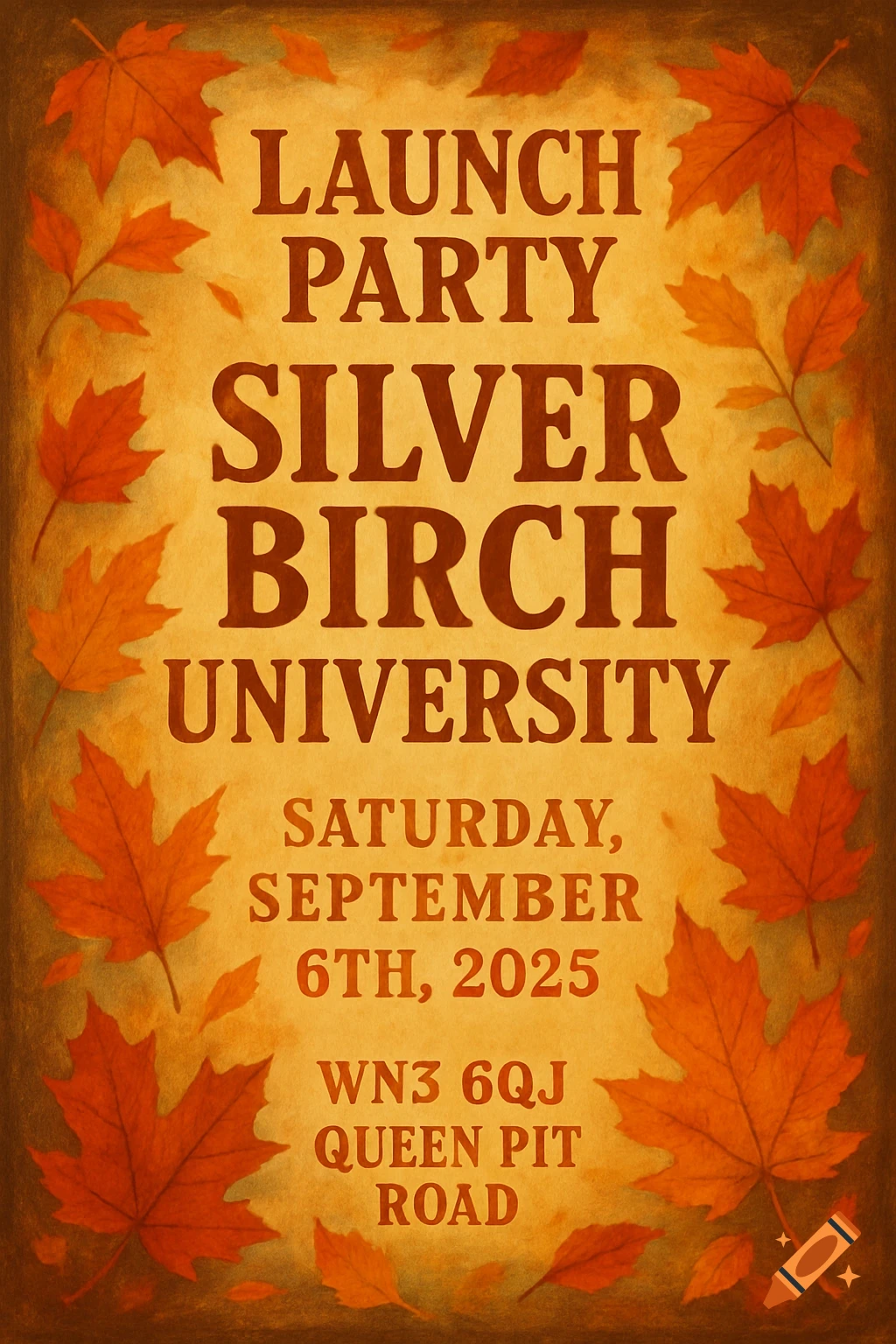 Autumn-themed poster for Silver Birch University's Launch Party on Sept 6, 2025, with orange leaves.