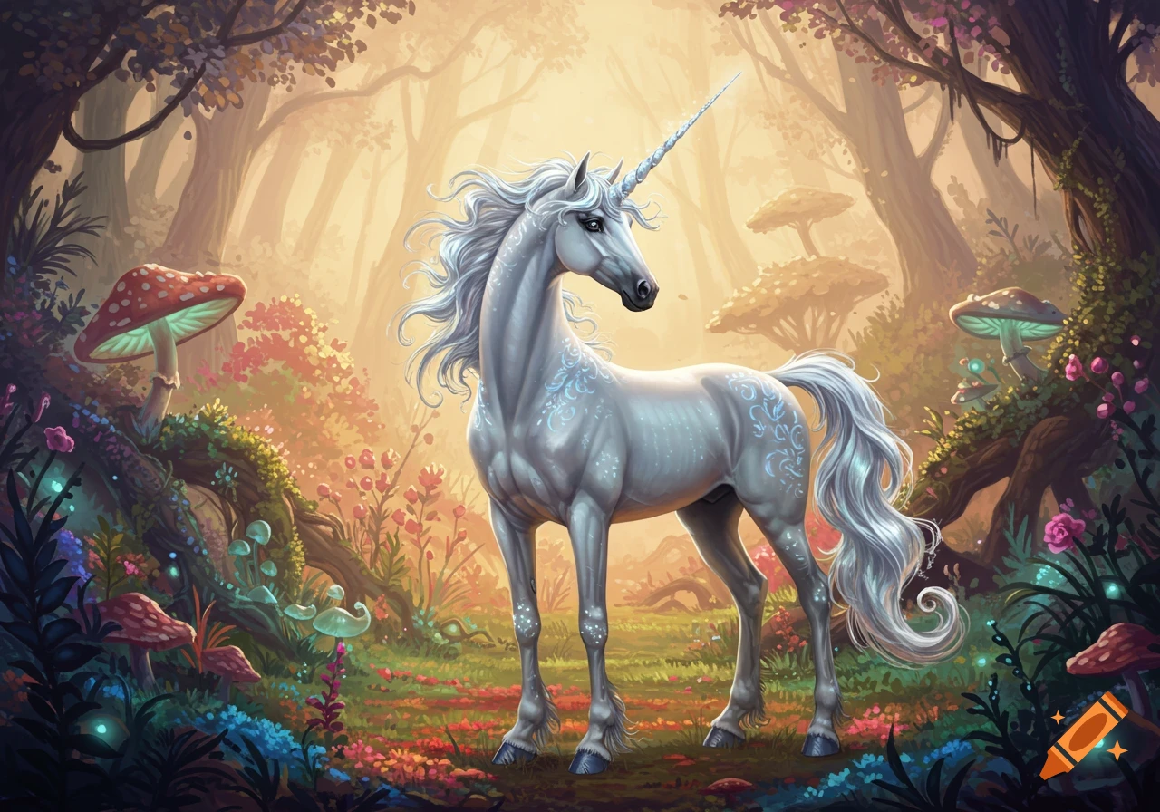A majestic white unicorn with a flowing mane stands in a vibrant, enchanted forest filled with colorful plants and glowing mushrooms.