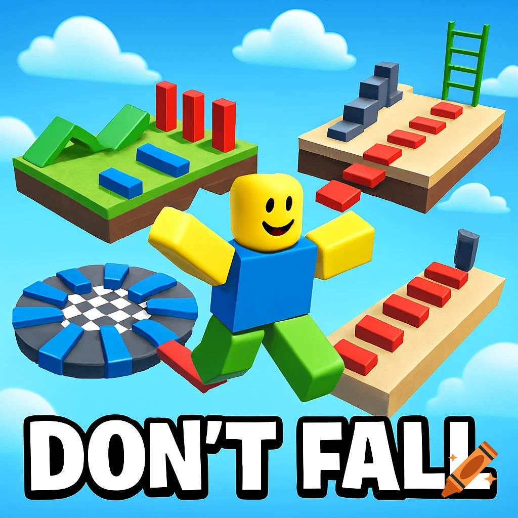 Blocky Roblox character runs over colorful obstacle course elements like ramps, pillars, and stairs under a blue sky, with 'DON'T FALL' text.