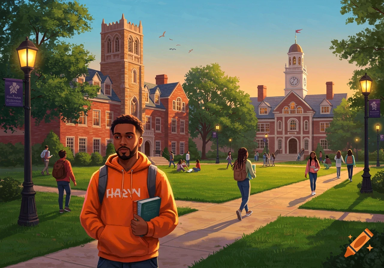 Illustrated scene of students on a sunny college campus with traditional brick buildings.