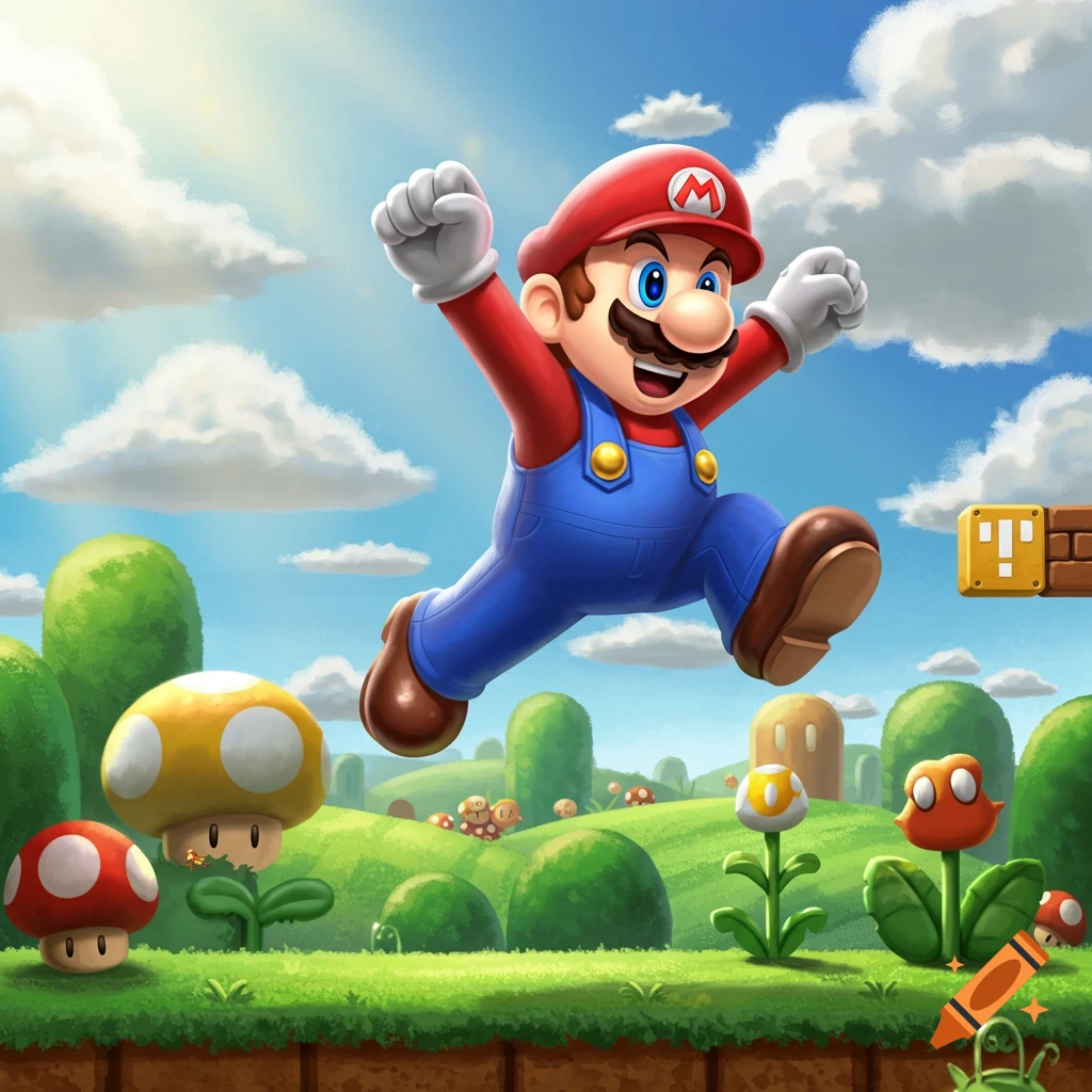 Mario leaps with arms raised over a green landscape with red and yellow mushrooms and coin blocks under a blue sky.