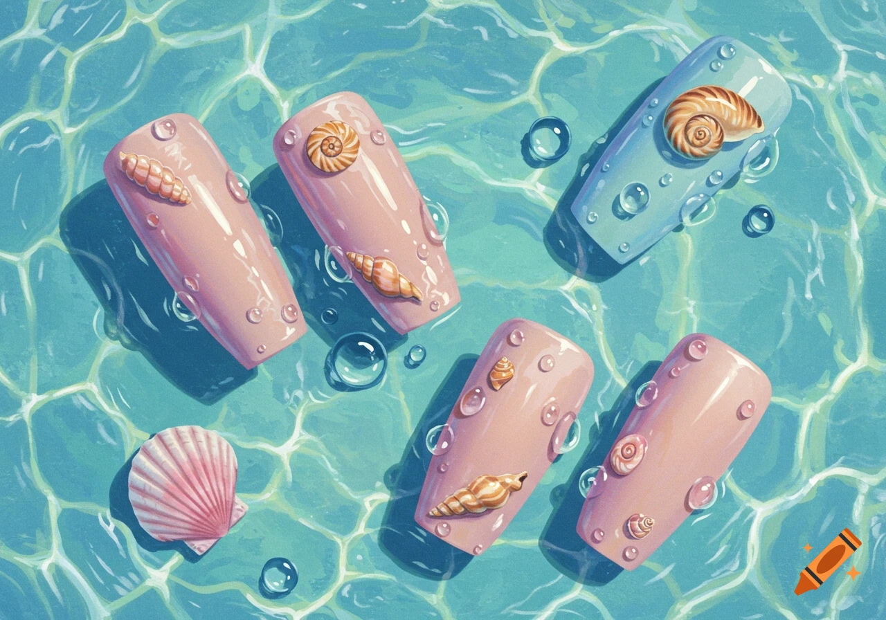 Several decorative nails, pink and blue, with seashells and water droplets, float on turquoise water with light ripples, illustration style.