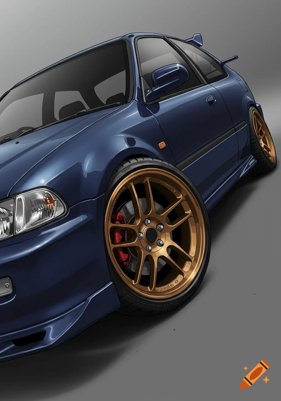 A dark blue Honda Civic with bronze wheels, depicted in a detailed illustration style.